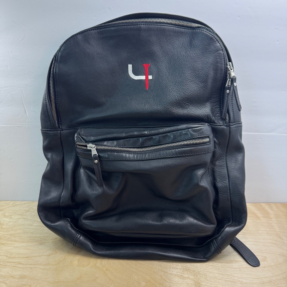 FH Wadsworth Black Leather Backpack Short Par 4 Logo Laptop Sleeve Frayed *READ*